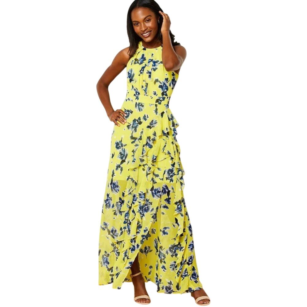 NWT Eliza J $179 Yellow Blue Floral Ruffle Maxi Dress Sz 6